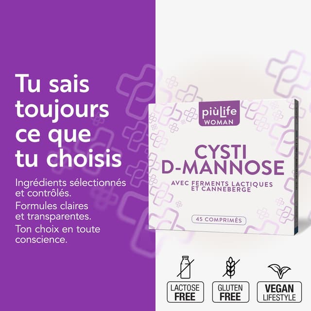 Detalle de PiùLife D-Mannose Cystite Femme 2000 mg avec canneberge et probiotiques – 45 comprimés