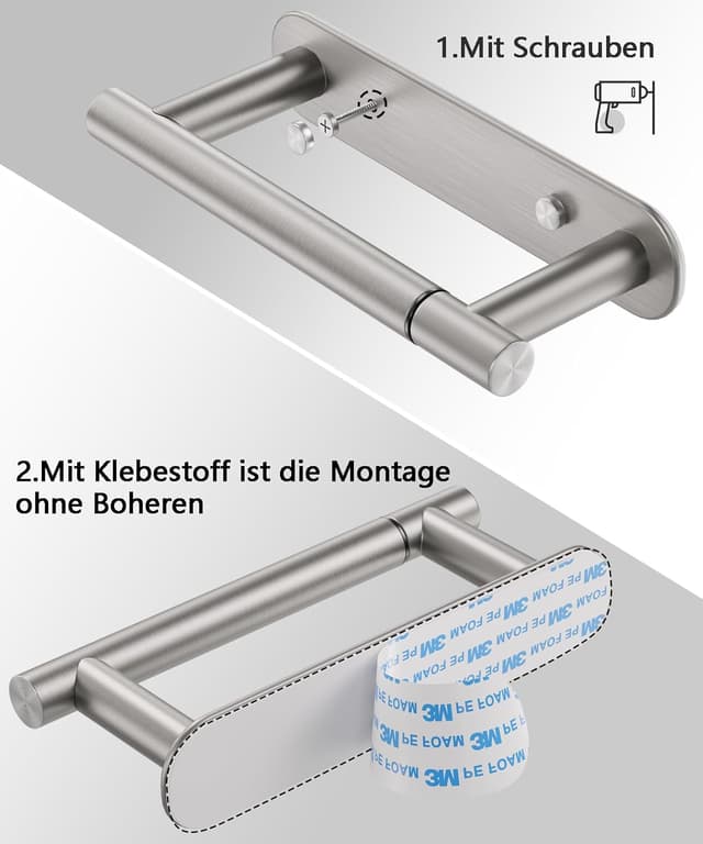 Detalle de Aikzik Toilettenpapierhalter aus gebürstetem Edelstahl – klappbarer Halter mit Verriegelung, ohne Bohren oder mit Schraubmontage
