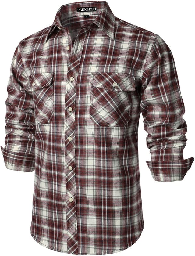 Detalle de PARKLEES Men’s Casual Regular Fit Checked Flannel Button-Up Shirt with Pockets