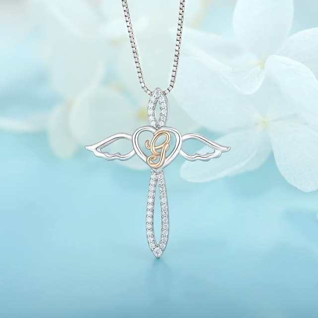 Detalle de FJ Letter Initial Necklace in 925 Sterling Silver with Guardian Angel & Initial Pendant