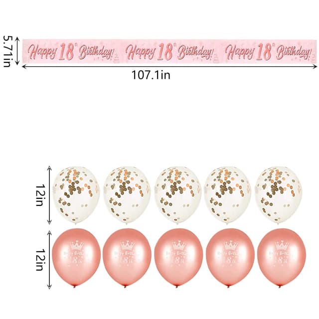 Detalle 2 de DEARLIVES 18th Birthday Decorations set in rose gold (banner, sash, cake topper, flags & confetti balloons)