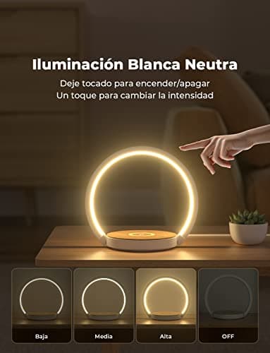 Detalle de VOSFEEL lámpara de mesita de noche táctil con regulador en 3 niveles y cargador inalámbrico