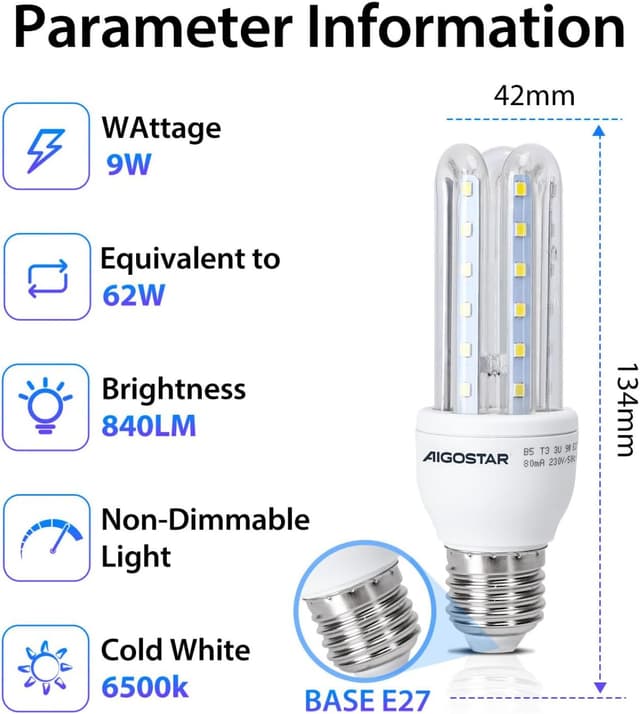 Detalle de Aigostar lot de 5 ampoules LED T3 3U E27 9W lumière blanche froide 6500K