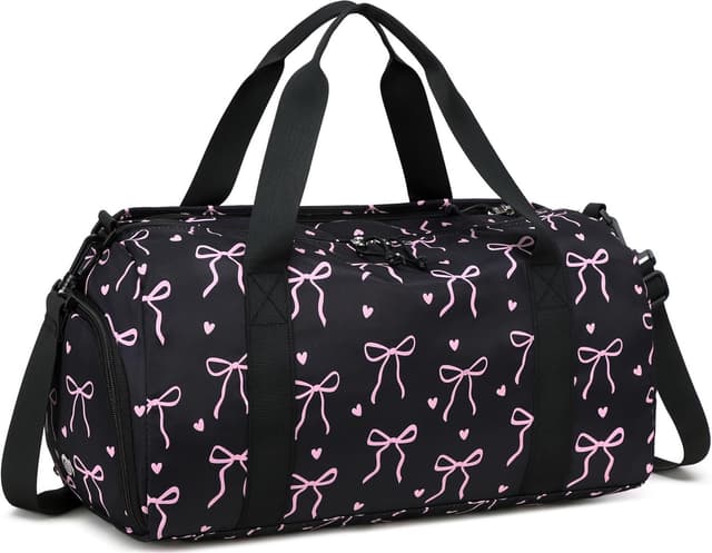 Detalle de LOIDOU Sporttasche Reisetasche mit großem Schuhfach & Nassfach – Schwarz/Rosa (Herz + Bogen)