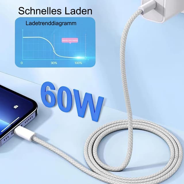 Detalle de USB‑C Kabel 3 m: Xiaomi Schnellladekabel USB‑C auf USB‑C (PD/QC/PPS, bis 60 W)