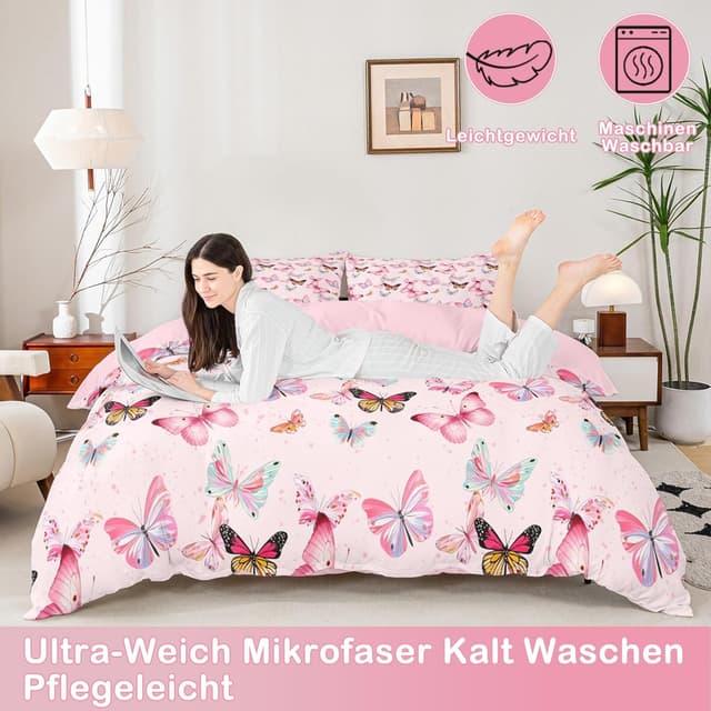 Detalle 2 de Homewish Mädchen Bettwäsche-Set 135 x 200 cm (2-teilig) „Süße Schmetterlinge“ – rosa