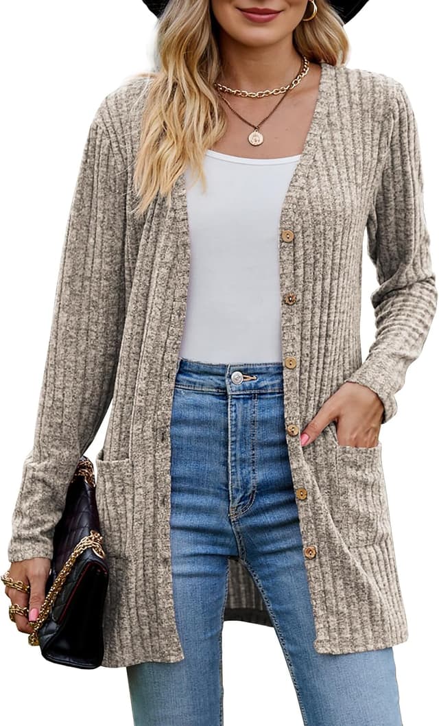 Detalle de MYCOLORBLUE Damen-Strickjacke „Alte Zeiten“ – gerippter Cardigan mit Knopfleiste und Taschen