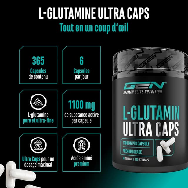 Detalle 2 de GEN German Elite Nutrition L-Glutamine Ultra Caps – 365 gélules de 1.100 mg (L-glutamine pure)