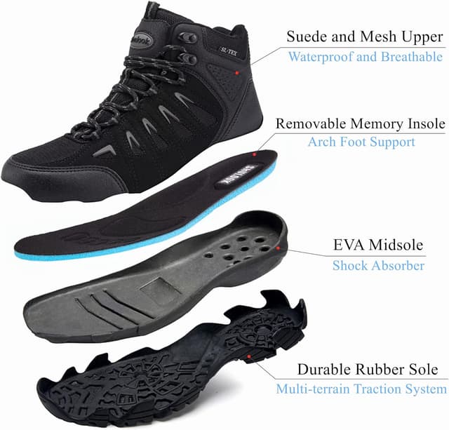 Detalle de SHULOOK Men’s Waterproof Hiking Boots — Lightweight Mid-Top Ankle Hikers with Non-Slip Traction