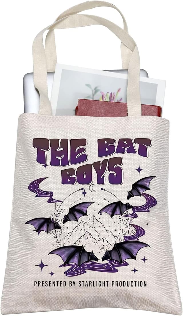 Detalle de AKTAP Fantasy Book Lovers Tote Bag (Acotar Bat Boys / Velaris design) — large canvas shopping bag