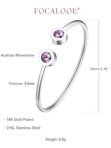 Detalle de FOCALOOK pulsera abierta de acero inoxidable 316L con piedra sintética tipo alejandrita lila (junio)