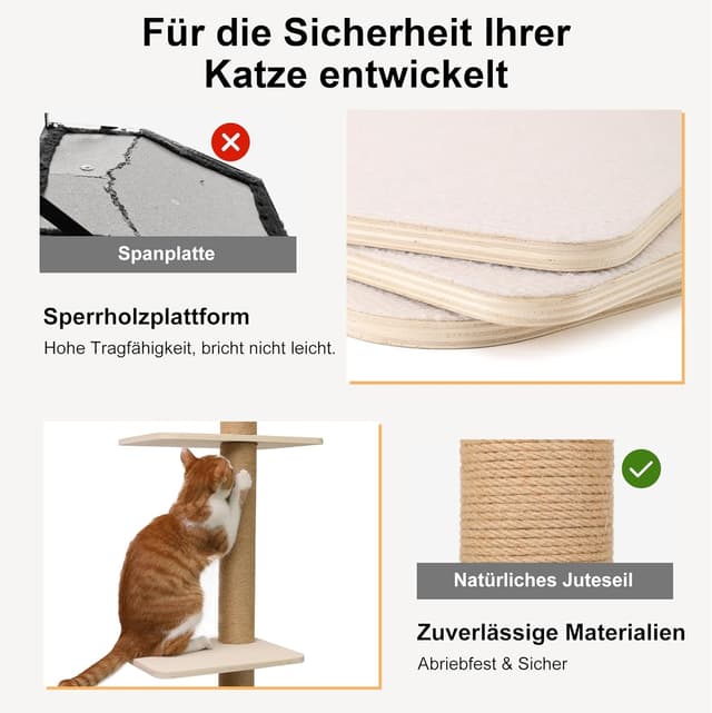 Detalle de FUKUMARU Kratzbaum mit 4 Etagen bis zur Decke (250–274 cm), wandmontiert, Jute & Hängematte – beige