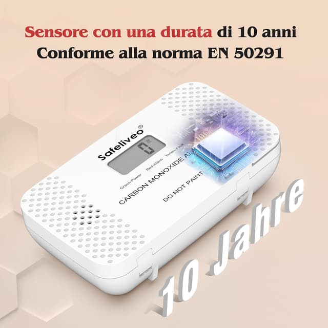 Detalle de Safeliveo Rilevatore di monossido di carbonio con schermo LCD e sensore CO, batteria sostituibile (EN 50291-2 pezzo)