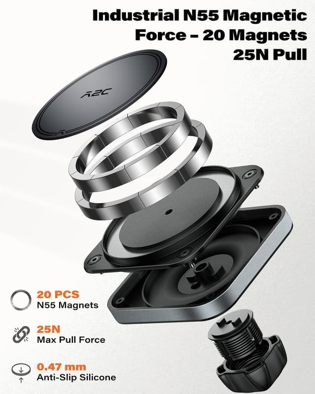 Detalle 2 de APPS2Car Supporto magnetico auto con N55, ventosa Twist-Lock e braccio 360° per cellulare (compatibile iPhone MagSafe e altre custodie)