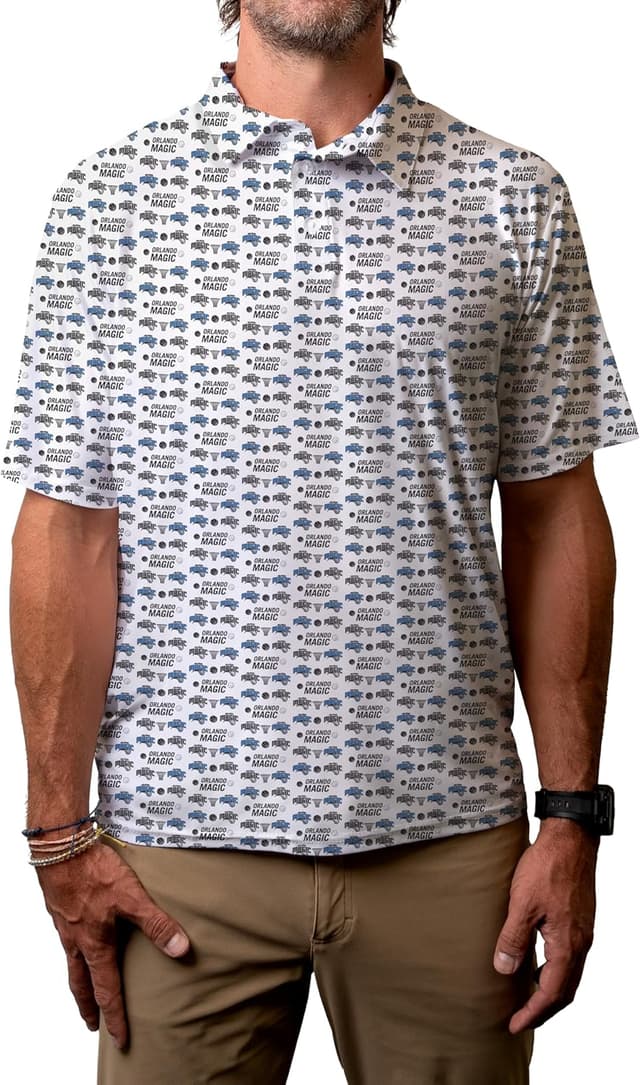 Detalle de Blue 84 NBA Officially Licensed Performance Polo (Denver Nuggets) – All-Over Print Short Sleeve