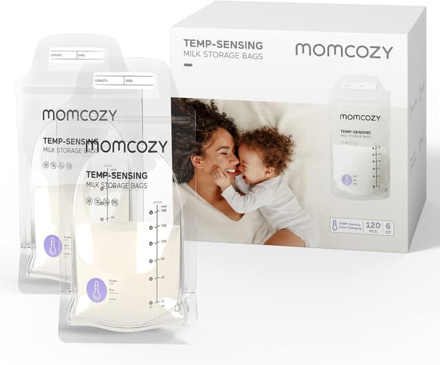 Detalle de momcozy Storage Bags 120 PCS (6oz) with temp-sensing discoloration breastmilk storage pouches