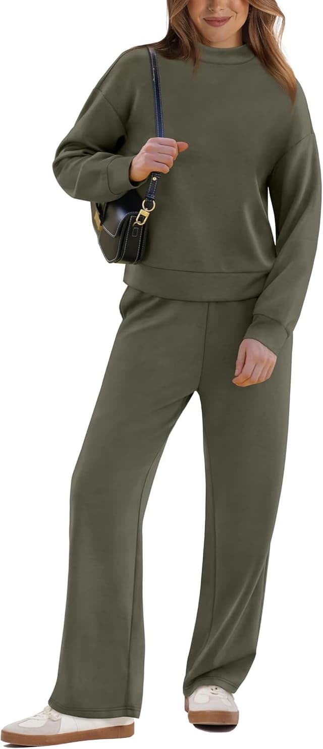 Detalle 2 de WIHOLL Two-Piece Lounge Set for Women (Mock Neck Top + Wide-Leg Pants)