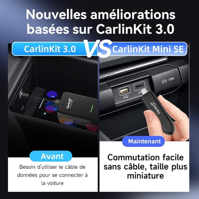 Detalle de Carlinkit Adaptateur CarPlay sans fil Mini SE (Plug and Play) pour voitures CarPlay filaires, compatible 2016 à 2026