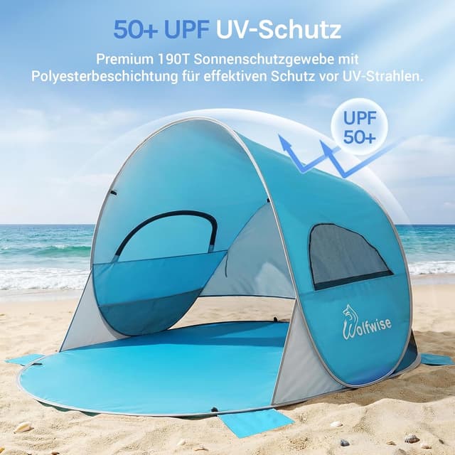 Detalle 2 de WolfWise Pop-Up Strandmuschel für 3–4 Personen (Sofortaufbau) mit UV-Schutz 50+