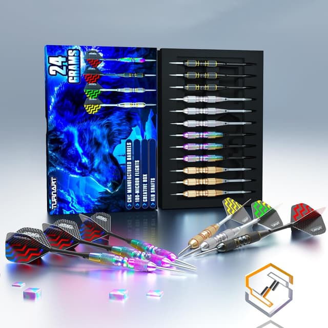 Detalle de Turnart Dartpfeile mit Metallspitze (12 Stück) für Steeldarts – mit Dart Case