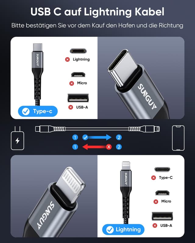 Detalle de Câble USB‑C vers Lightning SUNGUY (MFi) 2 m – 2 pièces, charge rapide compatible iPhone