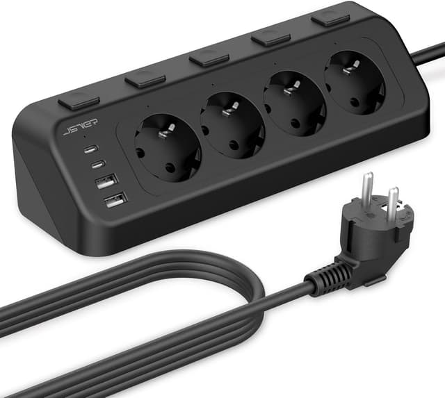 Detalle de JSVER Desktop-Steckdosenleiste mit USB‑C-Ecksteckdose, 4-fach (2× Type‑C, 2× USB‑A) und Einzelschaltern