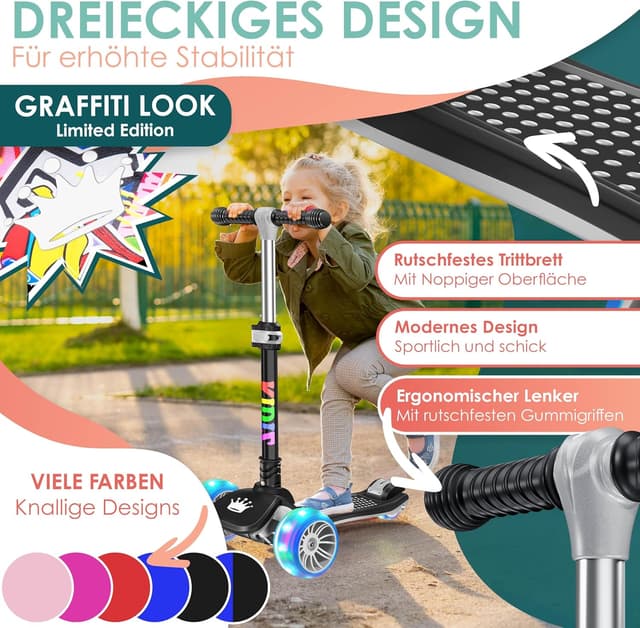 Detalle de KIDIZ Roller Kinder Scooter X-Pro2 – faltbarer 3-Rad-Tretroller mit LED-Lenkung für 3–12 Jahre
