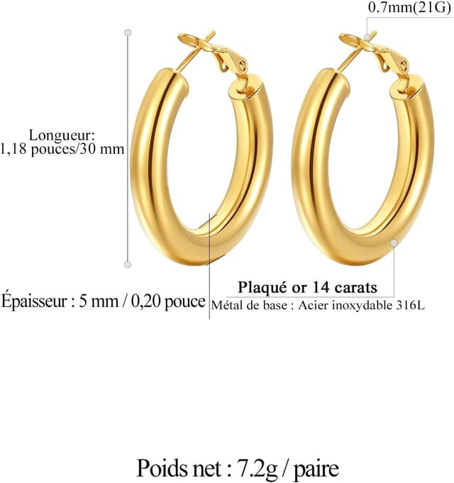 Detalle 2 de FindChic Créoles acier inoxydable femme 20/30/40/60/80 mm — argenté, doré ou noir, fermoir à homard