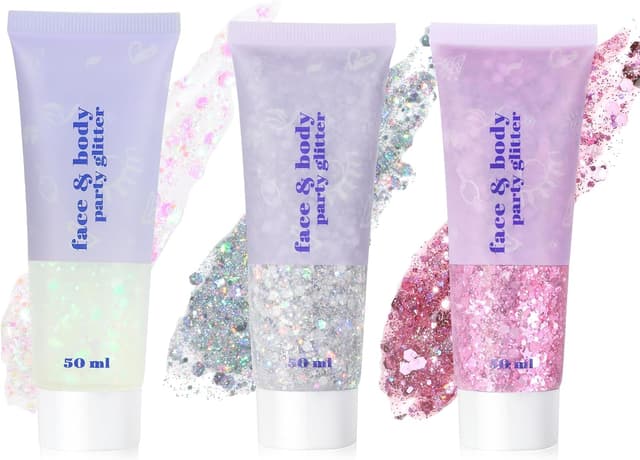 Detalle de URAQT Glitter Corpo, 3 gel glitterati da 50 ml (Argento+Rosa+Bianco) per viso, unghie, occhi, labbra, capelli e corpo