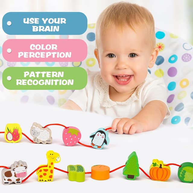 Detalle 2 de Sheirying Montessori Fädelspiel aus Holz mit 42 Perlen (ab 3 Jahren) – Motorikspielzeug zum Lernen