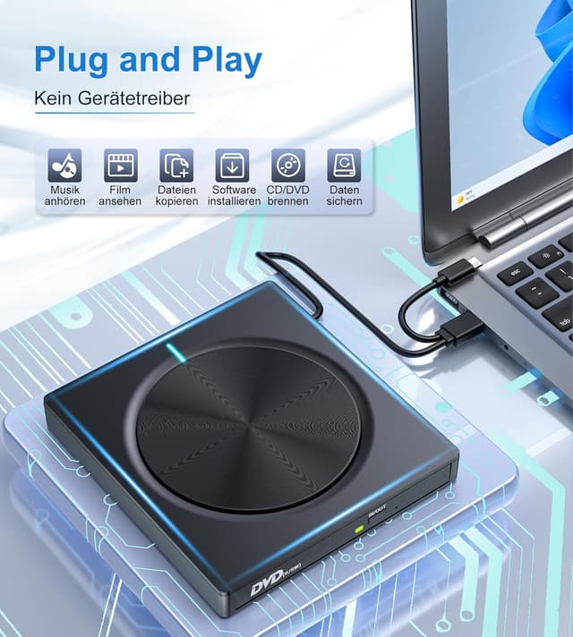 Detalle de Externes CD/DVD-Laufwerk USB 3.0 (Typ-C) mit SD/TF-Kartenleser und 2× USB-A – portable RW für Laptop & Desktop