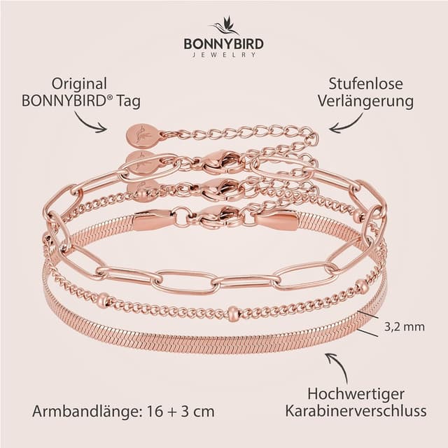 Detalle de BONNYBIRD Premium Edelstahl-Armband-Set Damen „BonnyShine“ in Silber, Gold & Roségold – 100% wasserfest
