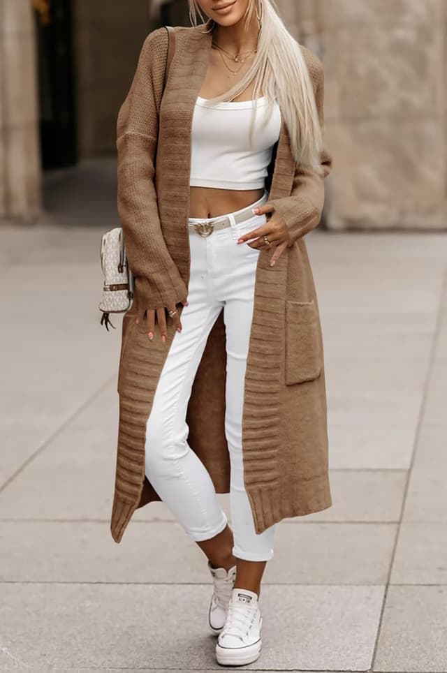 Detalle 2 de Imily Bela Damen Strickjacke mit Taschen, Lang Grobstrick Cardigan (offene Front, Langarm)