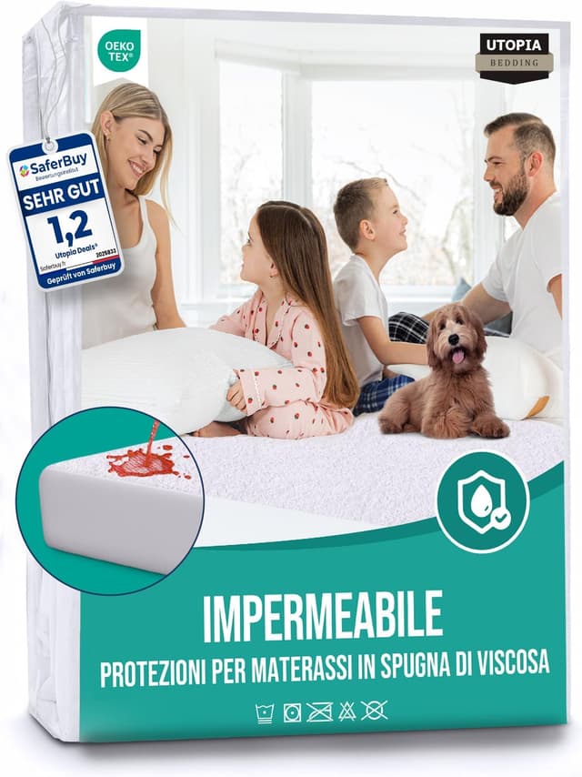 Detalle de Utopia Bedding coprimaterasso singolo impermeabile 90 x 200 x 30 cm in viscosa con elastico tutto intorno