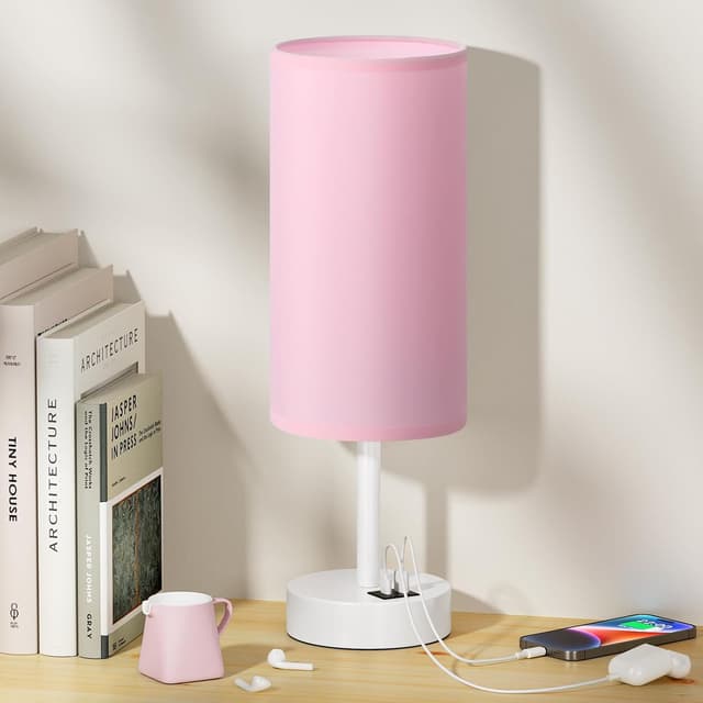 Detalle de Aooshine Pink Bedside Lamps with Touch Control and USB-C + USB-A Charging Ports (White Base, Bulb Included)