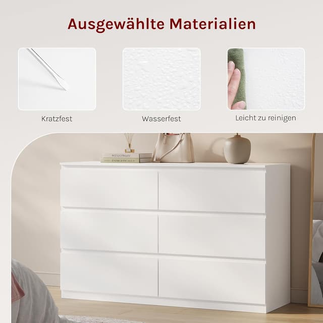 Detalle de WOLTU Kommode weiß mit 6 Schubladen – moderner Schubladenschrank für Wohnzimmer, Schlafzimmer & Flur (120 x 40 x 75 cm)