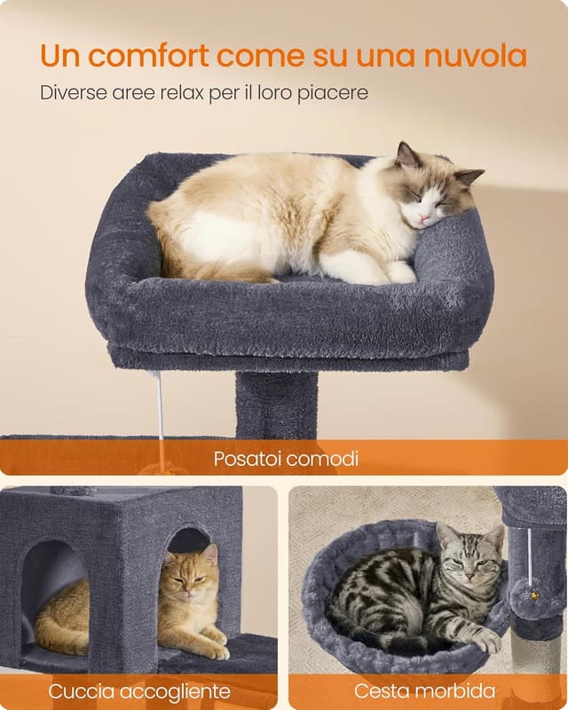 Detalle de Feandrea Albero Tiragraffi PCT012GS01 in grigio scuro: torre con 3 piattaforme e cuccia