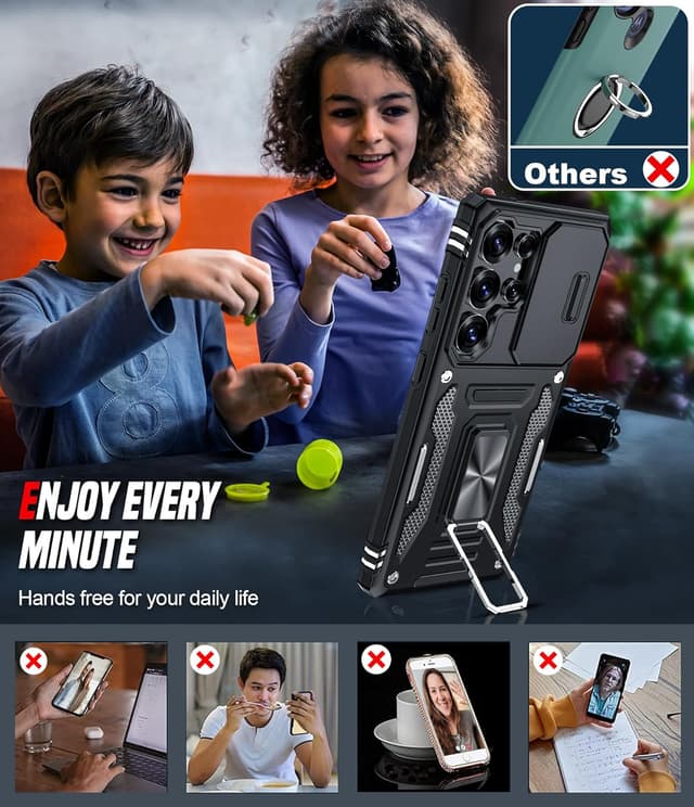 Thumbnail 6 de LeYi for Samsung Galaxy S25 Ultra phone case with sliding camera lens cover and rotatable ring stand (Black)