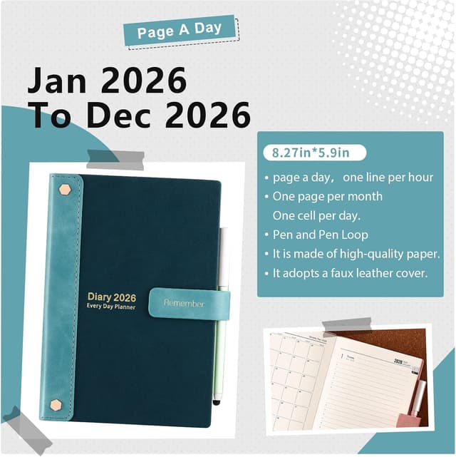 Detalle 2 de Mljtoyo Academic Diary 2026 (A5) – Day-Per-Page Hardcover Organiser, Jan–Dec 2026