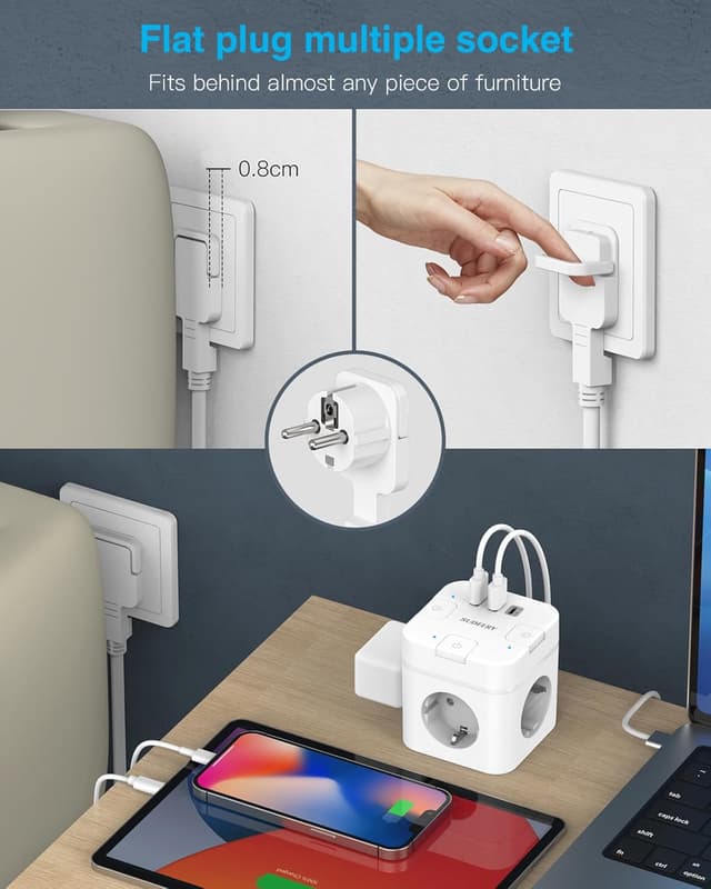 Detalle 2 de 6-in-1 Steckdosenwürfel mit USB‑C und 3 Steckdosen 🔌