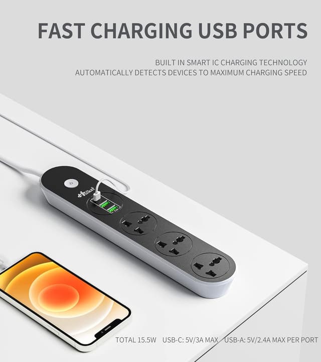 Detalle de Hulker Extension Lead 3-way with 3 USB ports 1.6 m 🪫