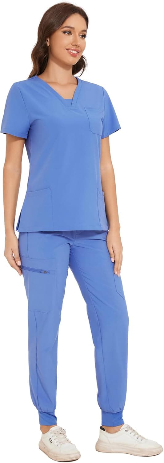 Detalle de COZYFIT Women’s V-Neck Top & Cargo Pants Scrubs Set with 10 Pockets
