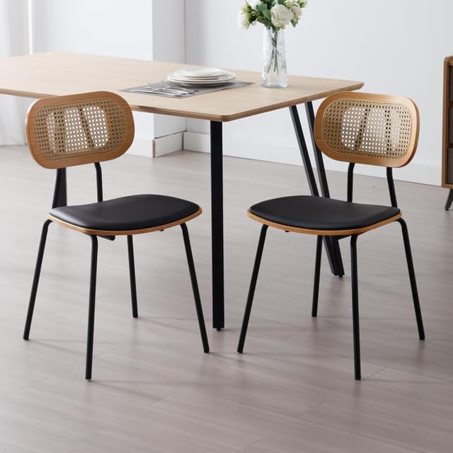 Detalle de chairus Lot de 2 chaises de salle à manger sans accoudoirs en cuir synthétique et dossier en rotin – Noir