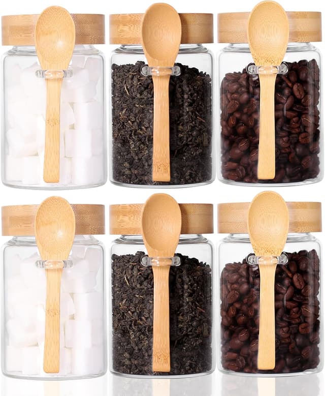 Detalle de Glass Jar with Screw Lid and Spoon (6-Pack, 16 oz) for Loose Leaf Tea, Sugar, Salt, and Overnight Oats