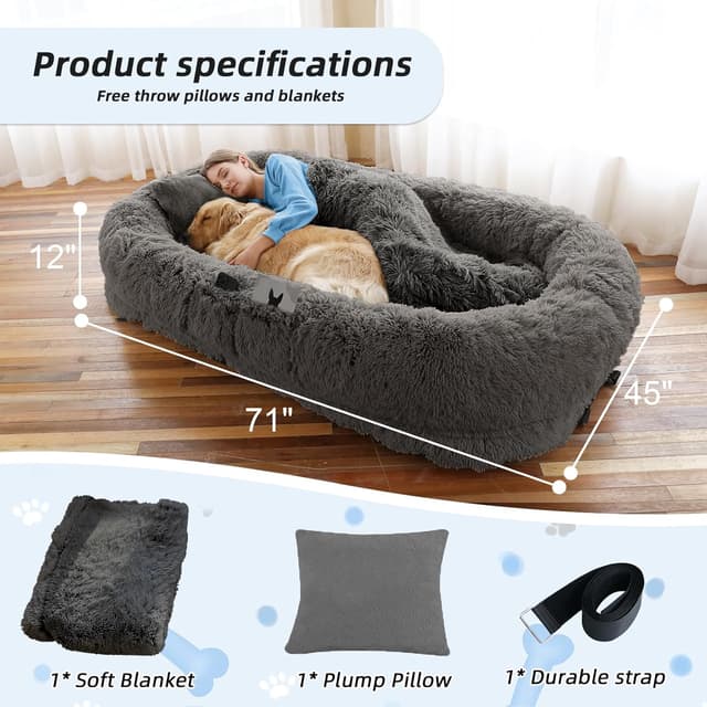 Detalle de WROS Human Dog Bed (71''x45''x12'') Washable Faux Fur Pet Bed for People, Dark Grey