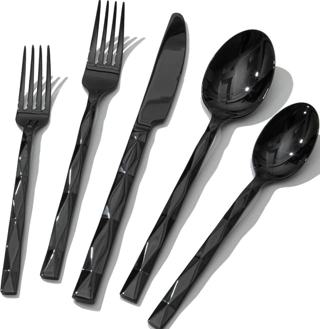 Imagen de KINGSTONE Black 20-Piece Flatware Set with Diamond Cut Pattern 🍽 en OfertitasTOP