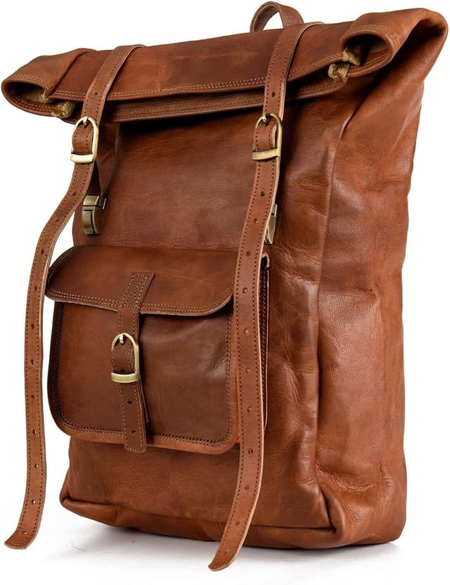 Detalle de Berliner Bags Vintage Rucksack „Leeds M“ aus Leder mit 15-Zoll-Laptopfach – Fahrradrucksack mit Rolltop