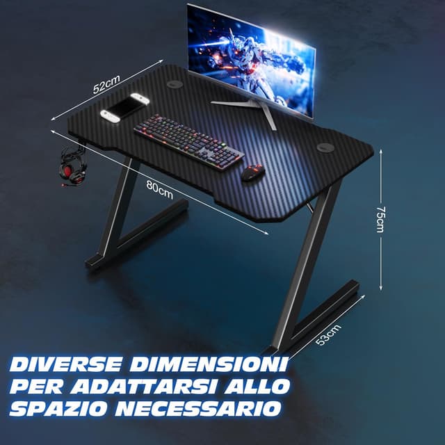Detalle de TRIUMPHKEY scrivania gaming 80×52 cm in fibra di carbonio, gambe a Z e supporto cuffie
