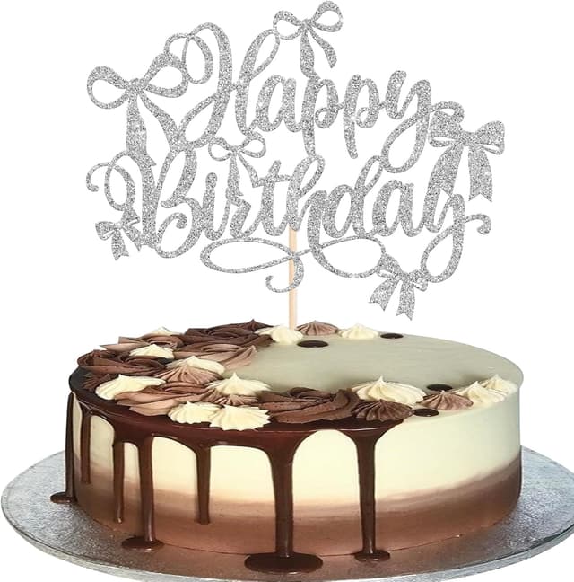 Detalle de Happy Birthday cake topper (bow & silver glitter) in 300 gram glitter cardstock – 1 pack