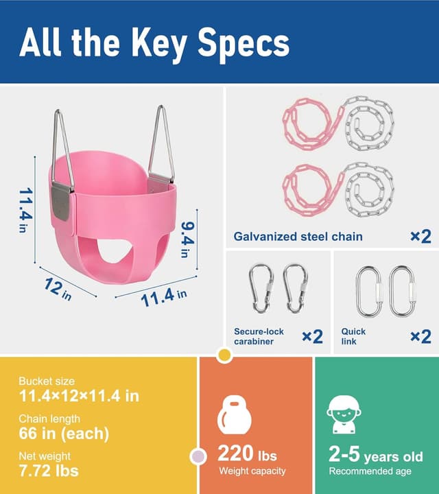 Thumbnail 6 de High Back Full Bucket Toddler Swing (Pink) with Coated Chains & Locking Buckles